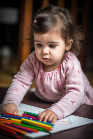 a little girl drawing with pencil crayonsの素材