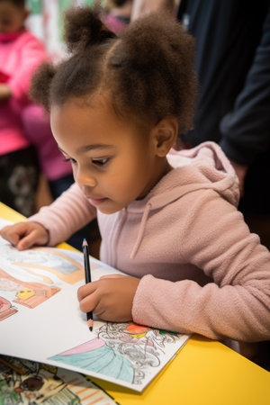 a young girl drawing in her art bookの素材