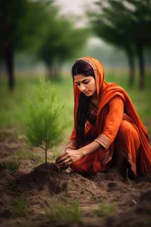 shot of a young woman planting saplings on a fieldの素材