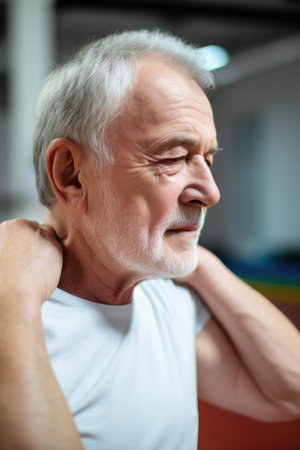 senior man, neck pain and injury in gym accident with athletes or sports people training for competitionの素材