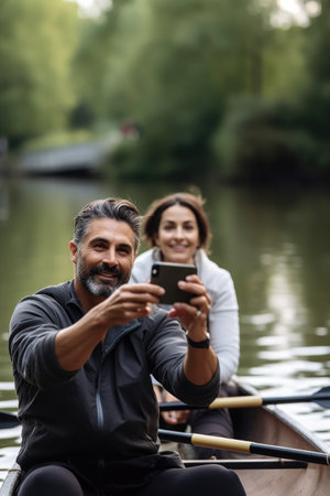 cropped shot of a man and woman taking photos on their phones while out rowing togetherの素材