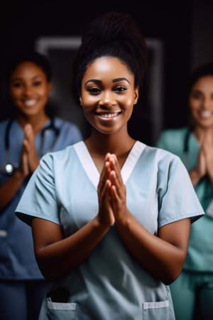nursing, portrait and black woman with medical team, smile and thank you gesture for helpの素材