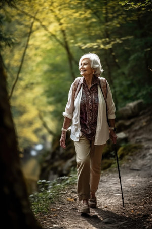 shot of a senior woman enjoying a walk in the forestの素材