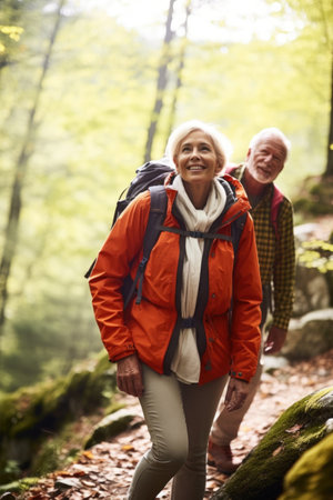 shot of a senior man and woman hiking in the woodsの素材