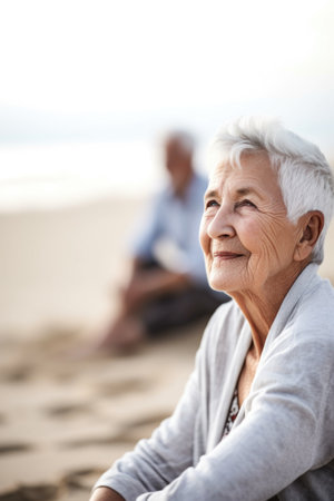 shot of a senior woman sitting on the beach with her husband in the backgroundの素材