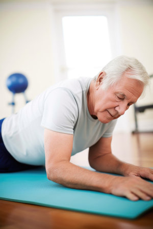 shot of a senior man lying down and using an exercise matの素材