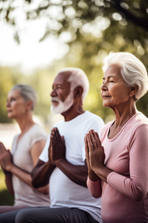 shot of a group of seniors practicing yoga together outdoorsの素材