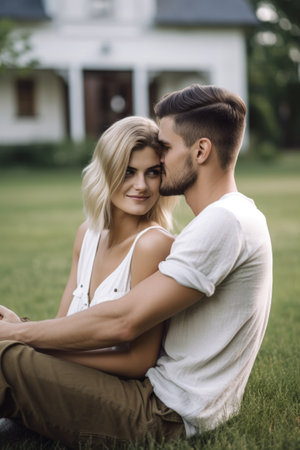 shot of a young couple hugging while sitting on their lawnの素材