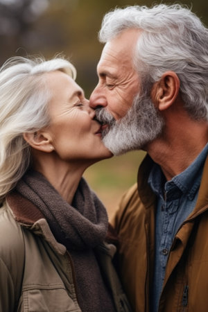 closeup shot of an unrecognisable couple sharing a kiss in the outdoorsの素材