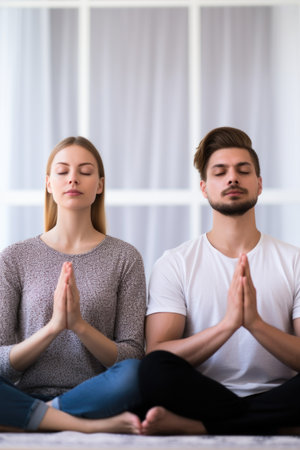 shot of a young couple meditating at homeの素材