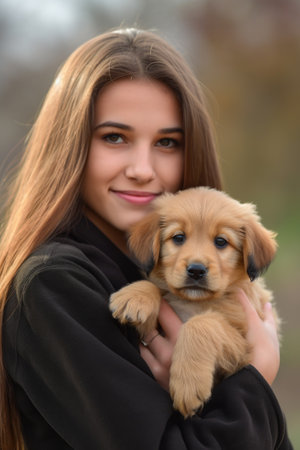 a young woman holding a cute puppy while standing outdoorsの素材