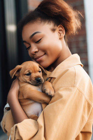 shot of a young woman holding her new puppyの素材