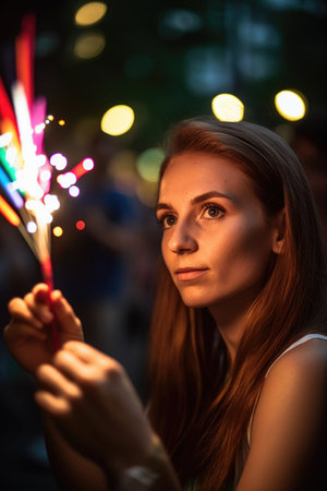 shot of a young woman lighting a sparkler while at an outdoor pride eventの素材