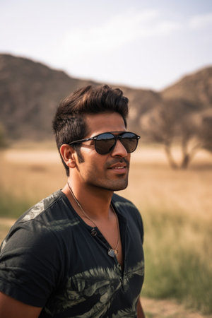 a man wearing sunglasses while enjoying the outdoorsの素材