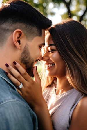 shot of a young couple showing off their engagement ring and enjoying time in the parkの素材