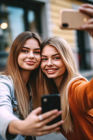 shot of two young women taking a selfie togetherの素材