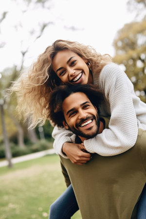 shot of a happy young man and woman having fun together at the parkの素材