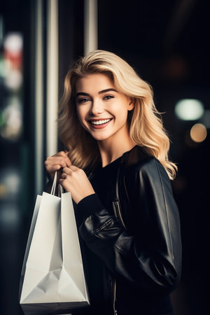 shot of a beautiful blonde woman holding shopping bags and smiling at the cameraの素材