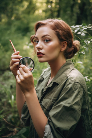 cropped shot of a woman putting on make up in natureの素材
