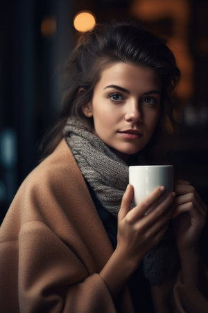 attractive young woman relaxing with a cup of coffeeの素材