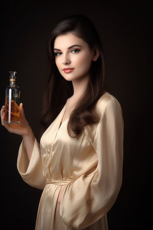 a gorgeous young woman holding a spray bottle of perfumeの素材