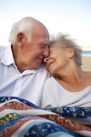 an affectionate senior couple lying on their beach towelsの素材