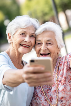shot of two senior friends taking a selfie together outsideの素材