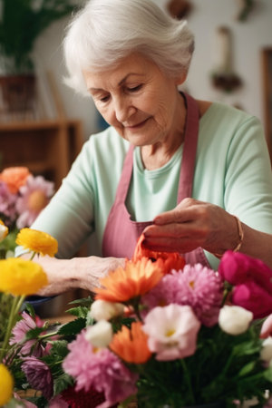 cropped shot of a senior woman arranging flowers during a workshopの素材