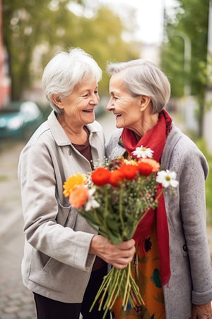 shot of a senior woman giving her friend a bouquet of flowersの素材
