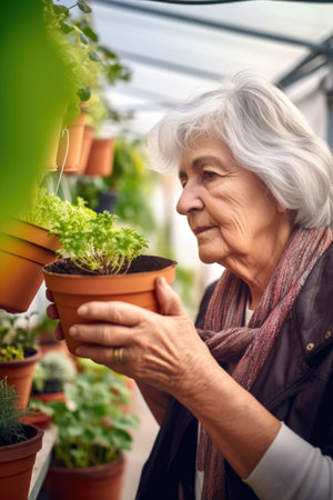 shot of a senior woman looking at her pot plant in the nurseryの素材
