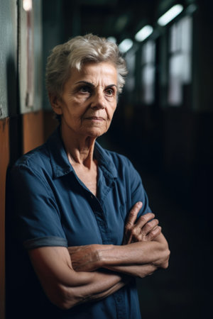 portrait of a mature woman with her arms crossed in a buildingの素材
