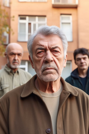 portrait of a mature man standing outside his building with two colleagues in the backgroundの素材