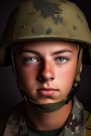cropped portrait of a young soldier wearing his helmetの素材