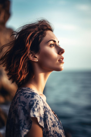 shot of a beautiful young woman looking at the sea with her head tilted upwardsの素材