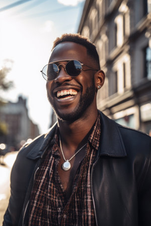 fashion, sunglasses and portrait of a black man with smile in city, happy and stylishの素材