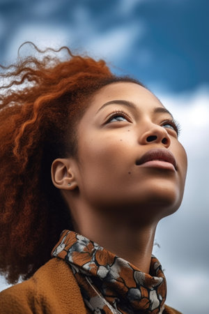 cropped shot of a young woman looking up at the skyの素材