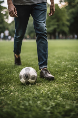 cropped shot of an unrecognizable man playing soccer in the parkの素材