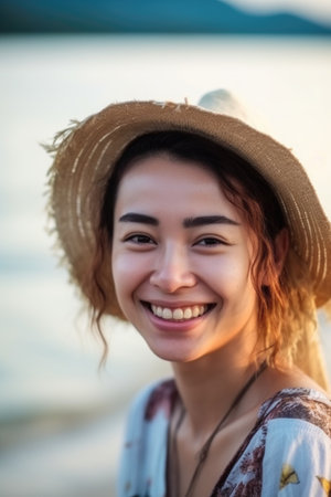 woman, portrait and smile on beach for travel, freedom and summer breakの素材
