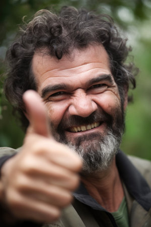 closeup of a man showing the thumbs up in natureの素材