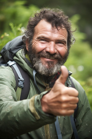 closeup of a man showing the thumbs up in natureの素材