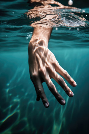 cropped image of a young man swimming using his hands as flippersの素材