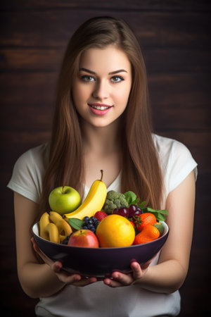 young woman holding a bowl of fresh fruitの素材