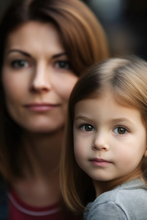 portrait of a cute little girl with her mother in the backgroundの素材