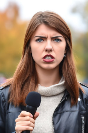 an angry young woman giving a speech to the camera outsideの素材