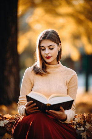 shot of an attractive young woman reading in a parkの素材