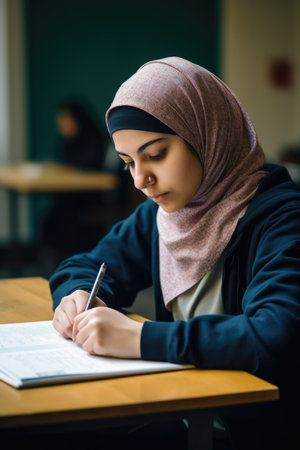 education, learning and board with a girl student in class studying for an exam at universityの素材