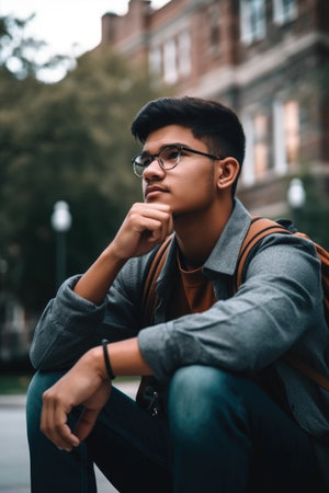 cropped shot of a university student looking confused while sitting on campusの素材