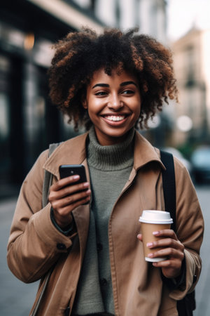 phone, coffee and black woman in city for travel, walking or outdoor with smile on faceの素材