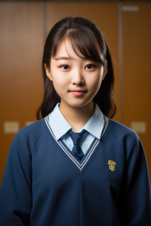 portrait of a member of the student council standing in front of her classmatesの素材