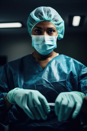 shot of a surgeon wearing surgical gloves and looking at the cameraの素材